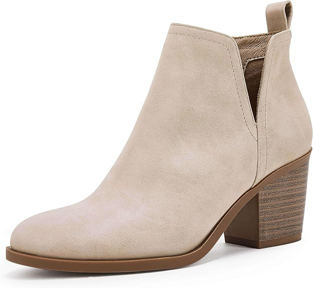 Coutgo Womens Cut Out Ankle Boots Chunky Stacked Heel Almond Toe Slip on Western Booties | Amazon (US)