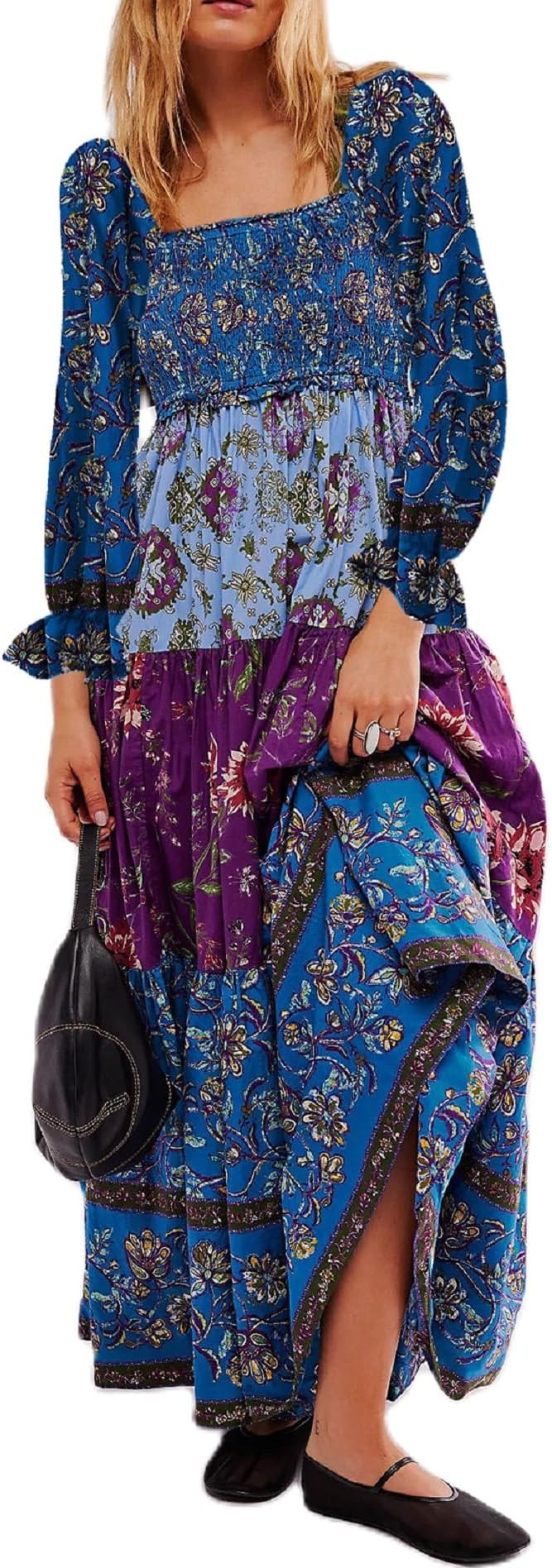 Women Fall Maxi Dress Y2K Floral Boho Sundress Smocked Square Neck Long Sleeve Flowy Tiered Dress... | Amazon (US)