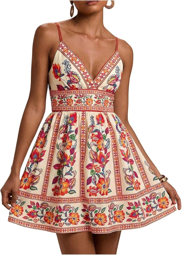 OYOANGLE Women's Floral V Neck Vacation Boho Cami Dress Tropical Hawaiian Beach Dress Ruffle A Li... | Amazon (US)