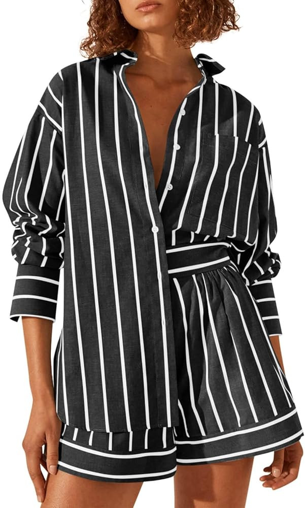 Tankaneo Womens 2 Piece Outfits Striped Long Sleeve Button Down Collared Shirt Matching Shorts Se... | Amazon (US)