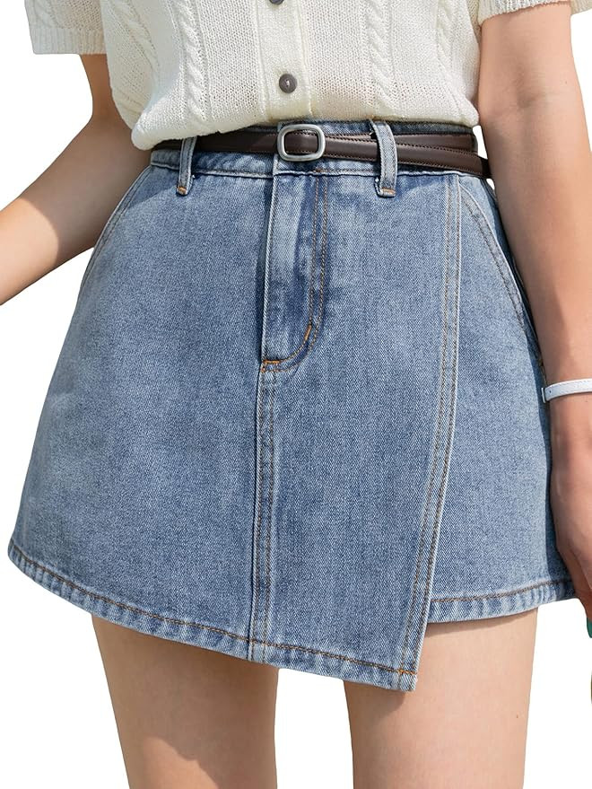 SHENHE Women's High Waisted Denim Skort Wrap Hem Asymmetrical Jean Mini Skirt Shorts | Amazon (US)