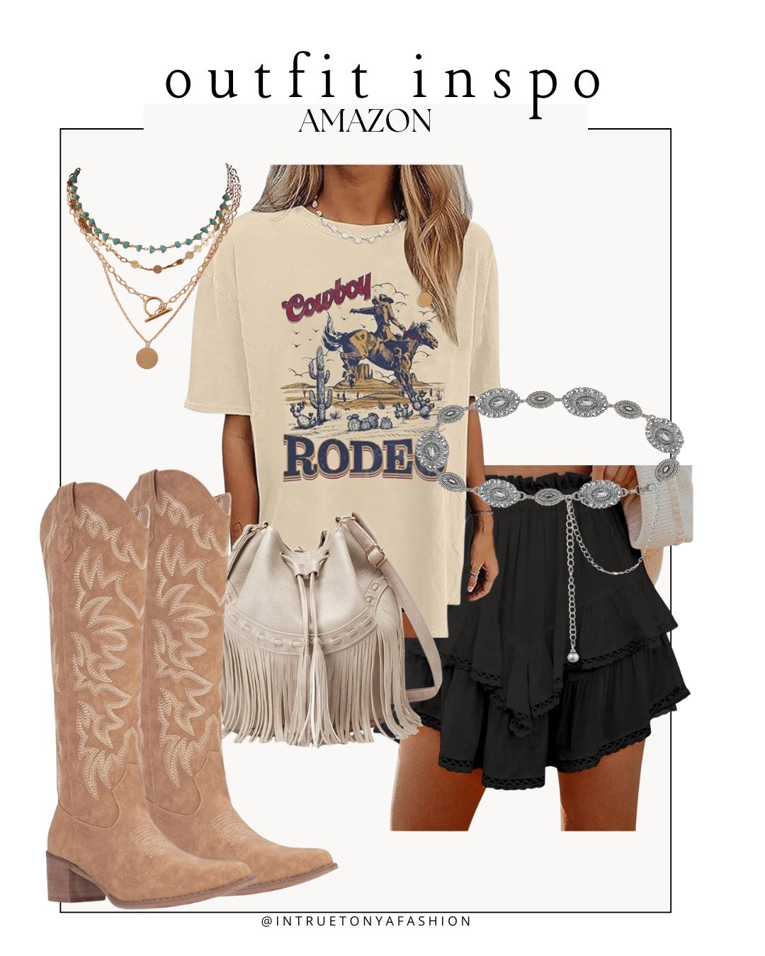 Country concert outfit idea — rodeo graphic tee, black boho skort, western belt, stacked necklace, fringe purse, and cowboy boots






Nashville outfits, western outfit, festival outfit, western boots, western boho outfit, amazon outfits 2026, concert outfit ideas, summer outfit amazon, Amazon outfit ideas, summer concert outfit, summer festival, rodeo outfit

#LTKSaleAlert #LTKFestival #LTKPetite