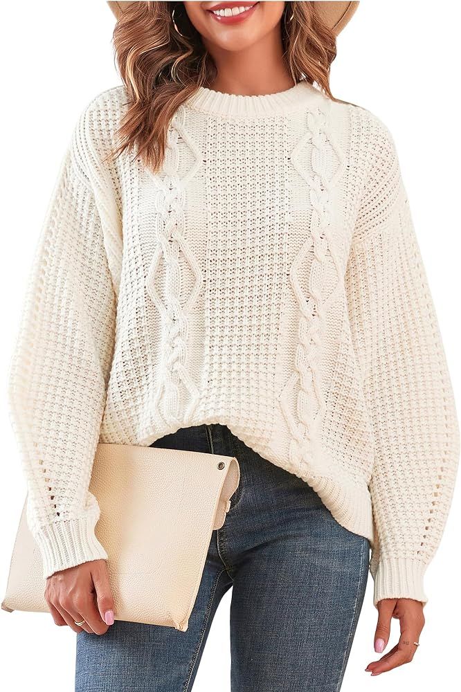 ZAFUL 2023 Women’s Winter Sweater Crewneck Oversized Cable Knit Sweater Lantern Sleeve Loose Ch... | Amazon (US)