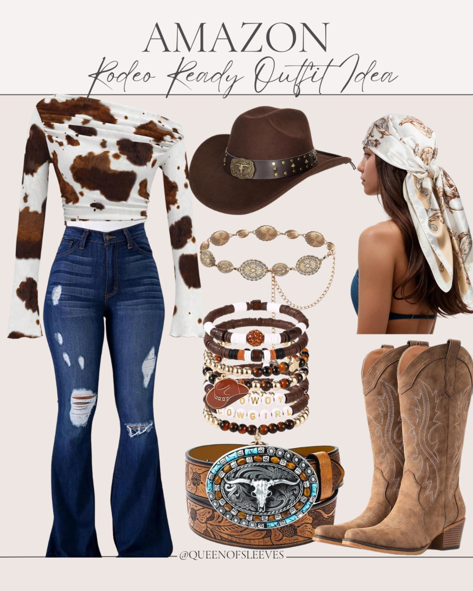 Rodeo ready 🤠✨ The perfect western-inspired outfit with cow print, flare jeans, statement boots, and layered accessories. Whether you’re heading to a rodeo, country concert, or just love western style, these Amazon finds pull the whole look together.Amazon western outfit / rodeo outfit women / cow print top / western flare jeans / cowgirl outfit ideas / country concert outfit / Amazon cowboy boots / western belt buckle / cowgirl hat women / western fashion women / country style outfit / southern style outfit / rodeo fashion / western accessories

#LTKMidsize #LTKSeasonal #LTKSaleAlert