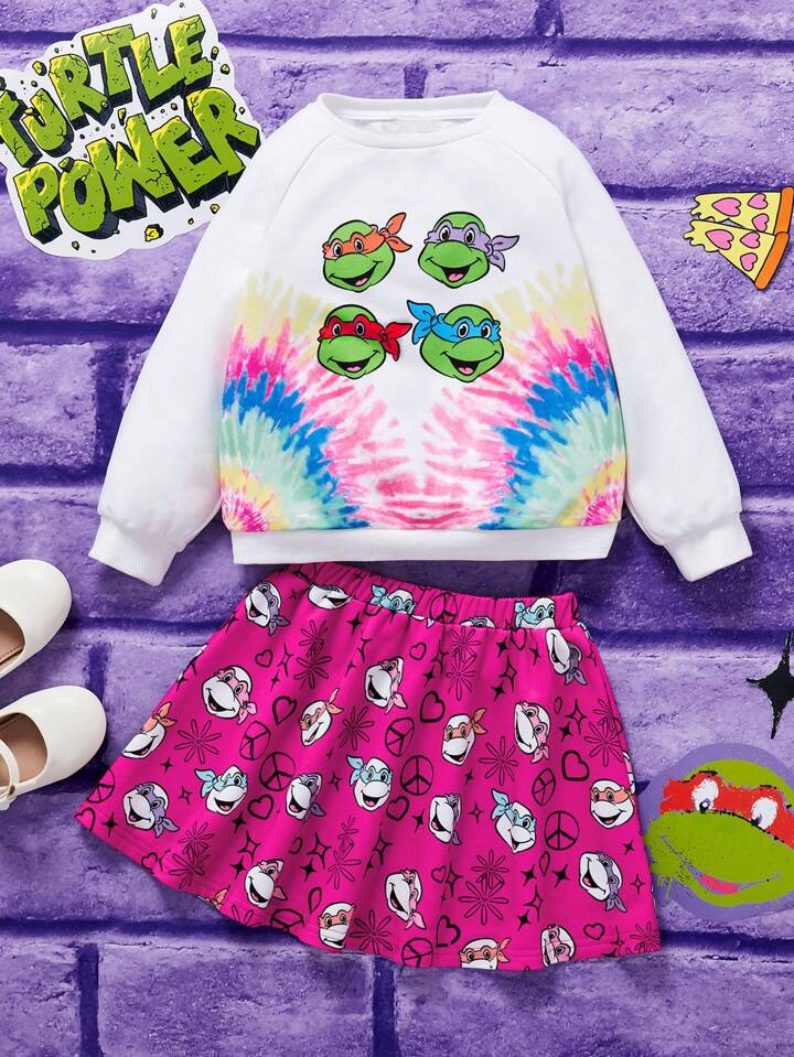TEENAGE MUTANT NINJA TURTLES X SHEIN Young Girl Cartoon & Tie Dye Printed Raglan Sleeve Sweatshir... | SHEIN