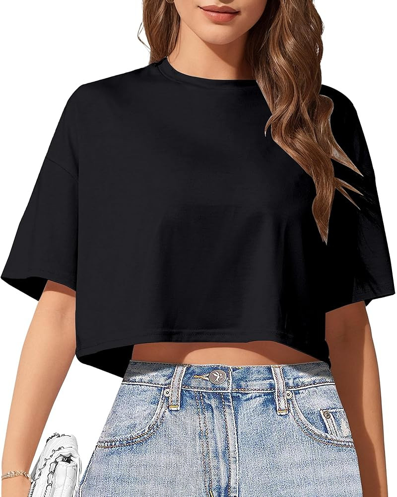 Women's Basic Crop Top Drop Shoulder T Shirt Half Sleeve Cropped Tee Crewneck Short Sleeve Casual... | Amazon (US)