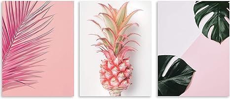 TutuBeer Plant Wall Art with Pink Pineapple at Pink Background Tropical Wall Decor Green Plant Ar... | Amazon (US)