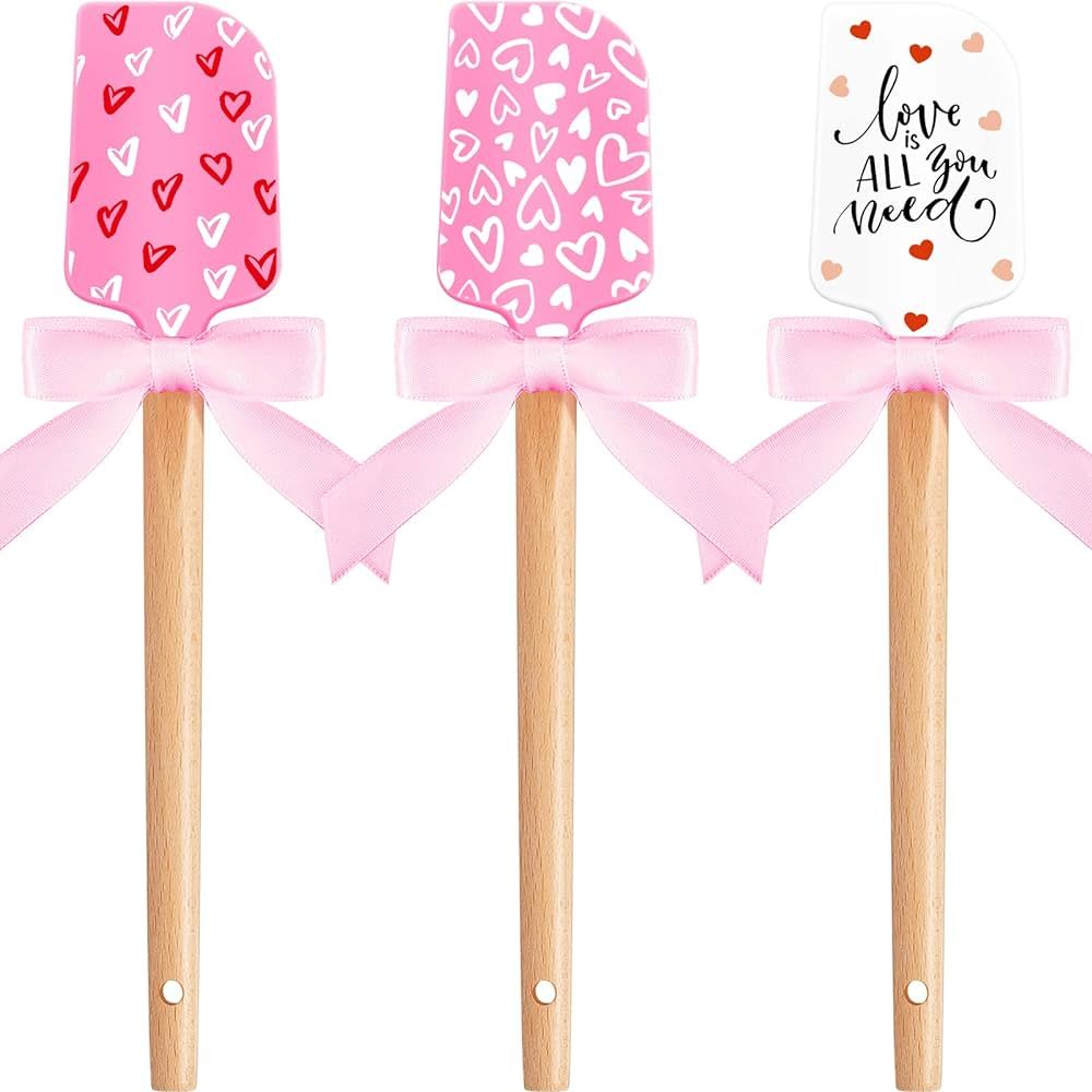 3 Pcs Valentine's Day Silicone Spatulas with Wooden Handles Valentine Pattern Heat Resistant Baki... | Amazon (US)