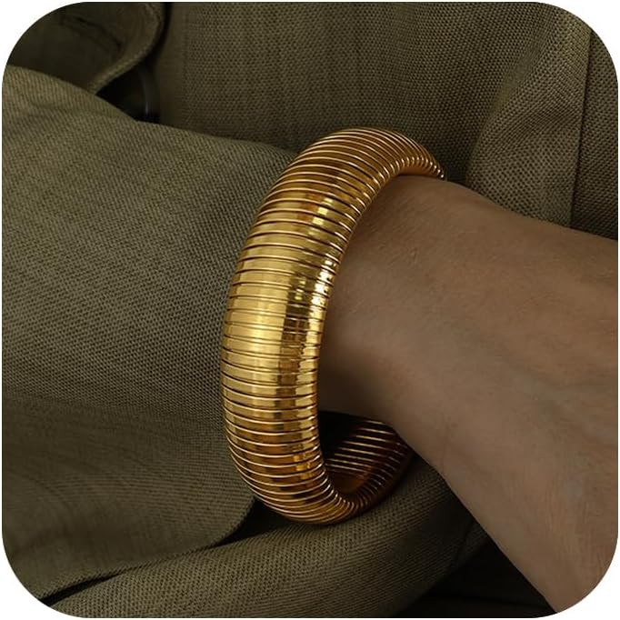 Gold Bangles for Women Chunky Stretch Bangles Bracelets Set 18K Gold Plated Stainless Steel Link ... | Amazon (US)