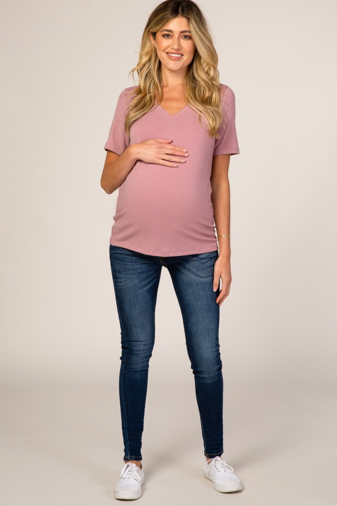Pink V-Neck Short Sleeve Basic Maternity Top | PinkBlush Maternity