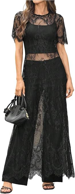 GORGLITTER Women's Lace Maxi Dress Short Sleeve Eyelash Floral Sheer Overlay Dress Sexy Party Con... | Amazon (US)