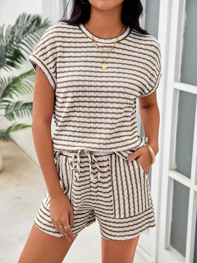 Tankaneo Womens Striped Summer 2 Piece Short Sets Short Sleeve T Shirts Drawstring Shorts Casual ... | Amazon (US)