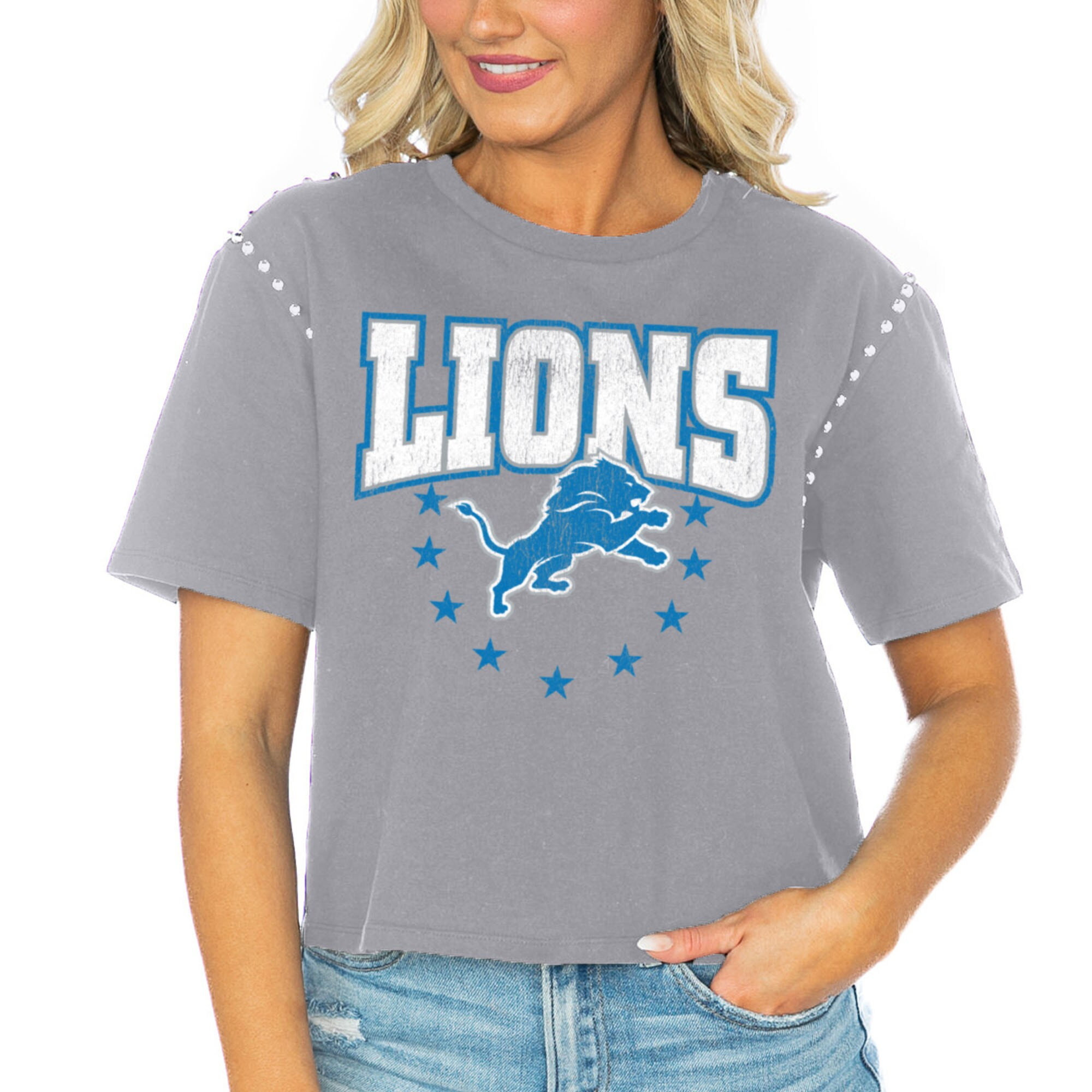 Women's Detroit Lions  Gameday Couture Gray Gladiator Studded Sleeve Cropped T-Shirt | NFL Shop