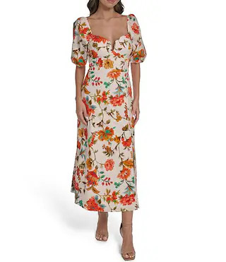 Vince Camuto Square Neck A Line Puff Sleeve Floral Print Midi Dress | Dillard's | Dillard's
