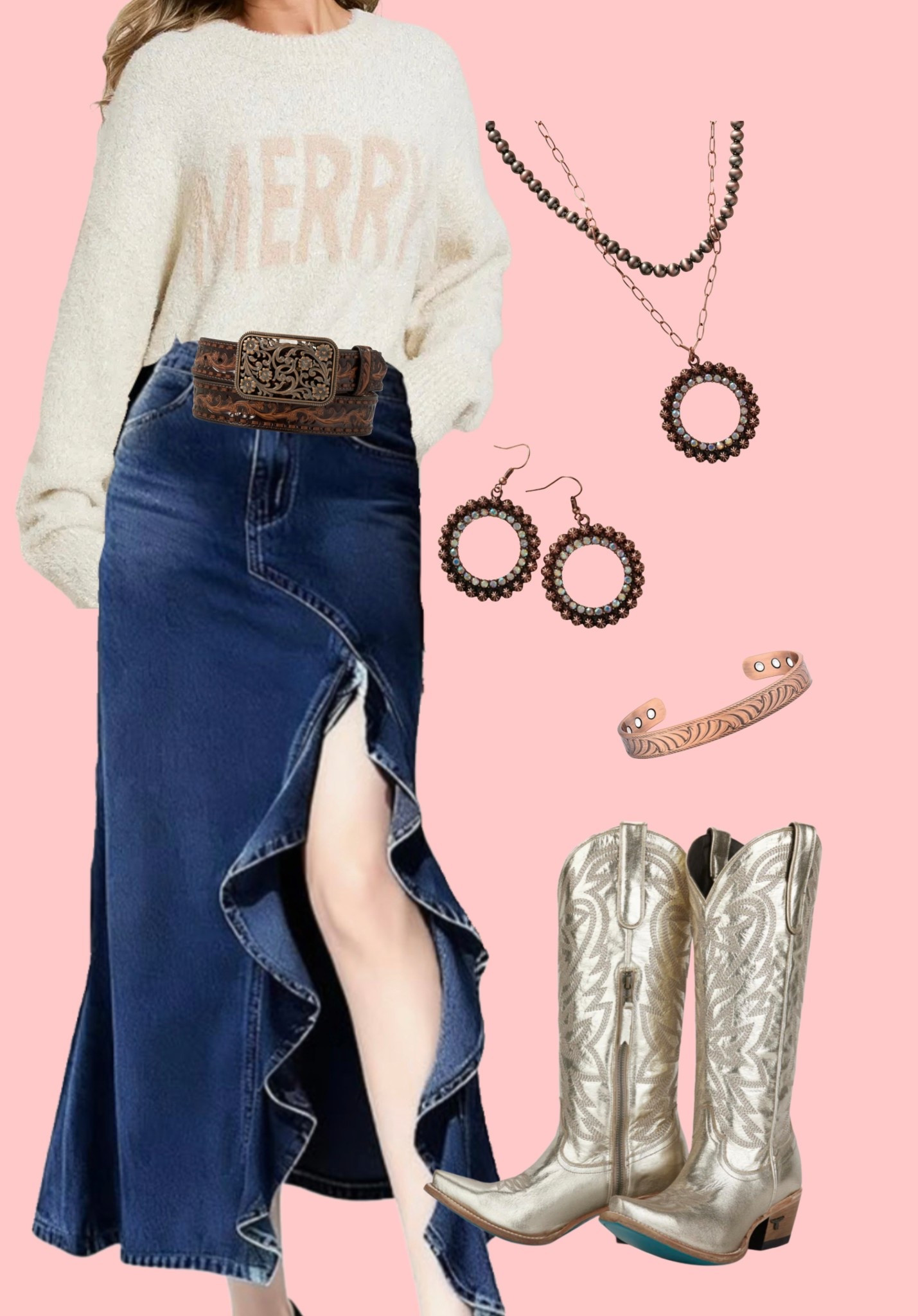 Merry sweater with denim skirts paired with metallic boots

#LTKHoliday #LTKootd