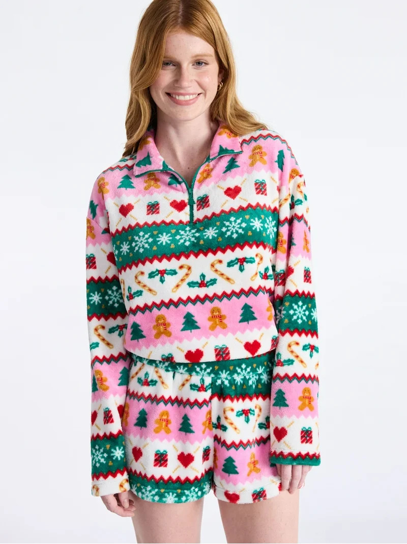 No Boundaries 1/4 Zip Mock Neck Plush Top with Long Sleeves, Women's | Walmart (US)