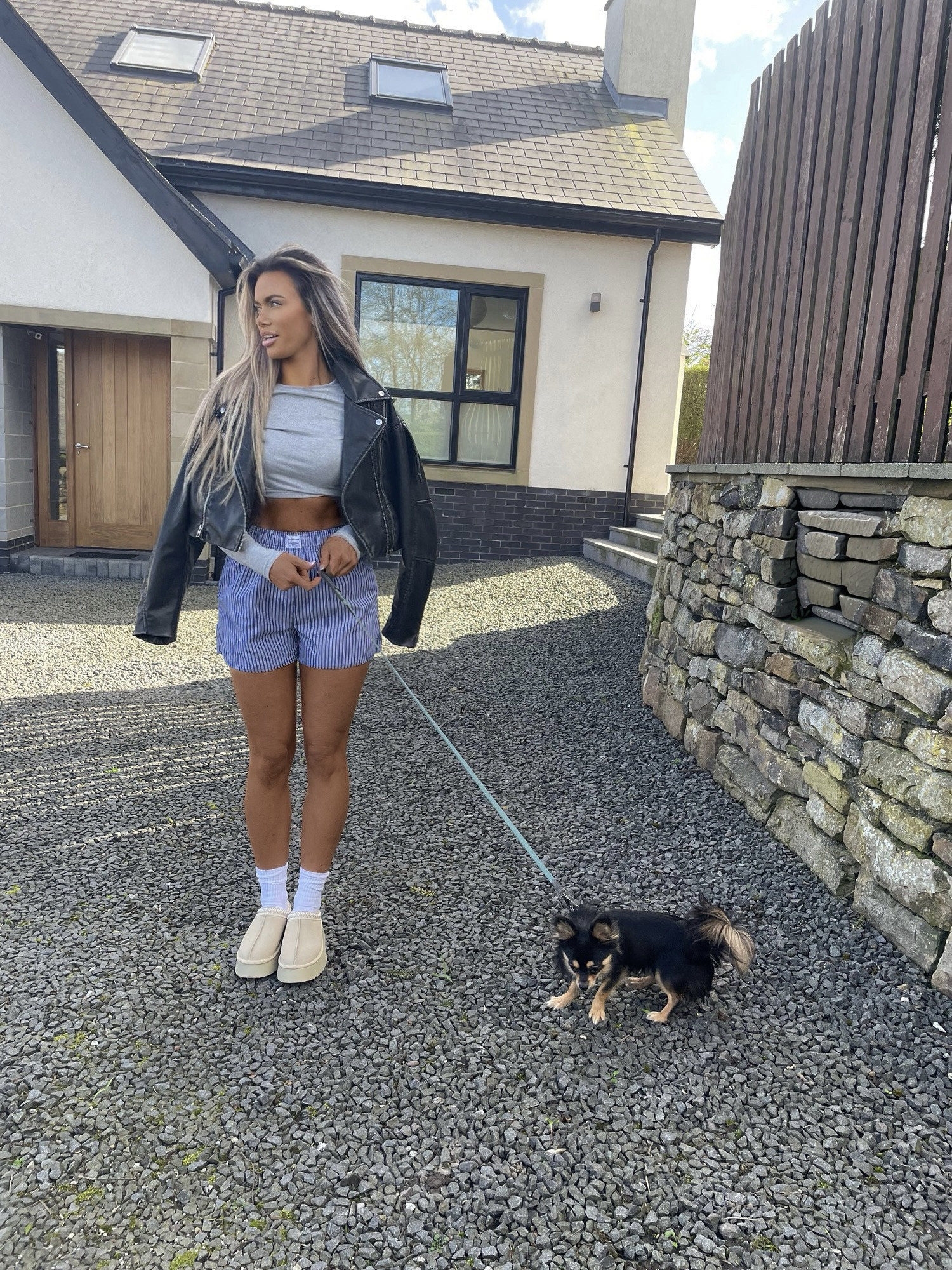 Grey long sleeve crop top, striped boxer style shorts, Ugg dupes, worn biker jacket is from Zara so I have linked some similar...

#LTKshoecrush #LTKeurope #LTKfindsunder100