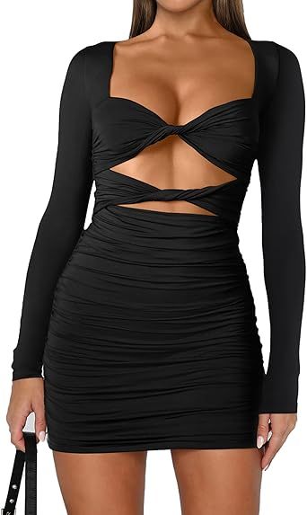 Women's Sexy Long Sleeve Cut Out Club Dress Ruched Bodycon Mini Party Dresses | Amazon (US)