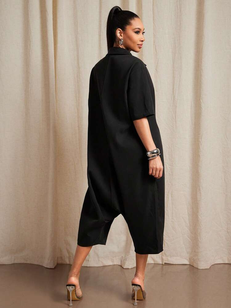 Vixey Button Up Drop Crotch Quarter Sleeve Jumpsuit, Business Casual Women, Office Outfits For Wo... | SHEIN