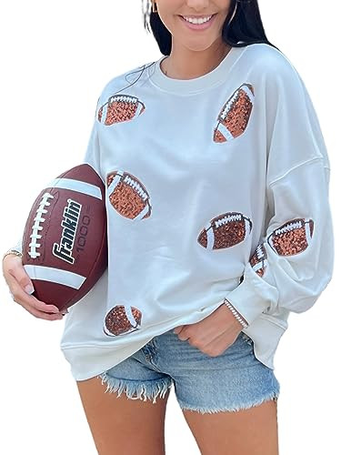 Womens Sparkle Football Sequin Rugby Sweatshirt Game Day Y2K Crewneck Oversized Shirt Long Sleeve... | Amazon (US)