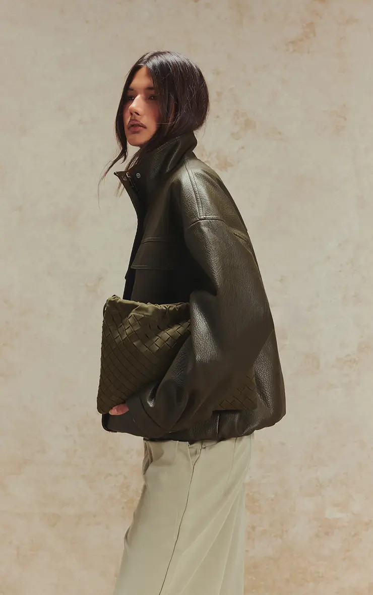 Jackets & Coats | Khaki Funnel Neck Concealed Placket Faux Leather Jacket | PrettyLittleThing | PrettyLittleThing UK