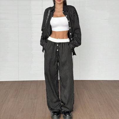 2pcs Women Striped Button Front Long Sleeve Top And Pants Set | SHEIN