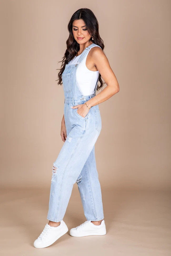 Just A Normal Girl Light Wash Distressed Straight Leg Denim Overalls | Pink Lily