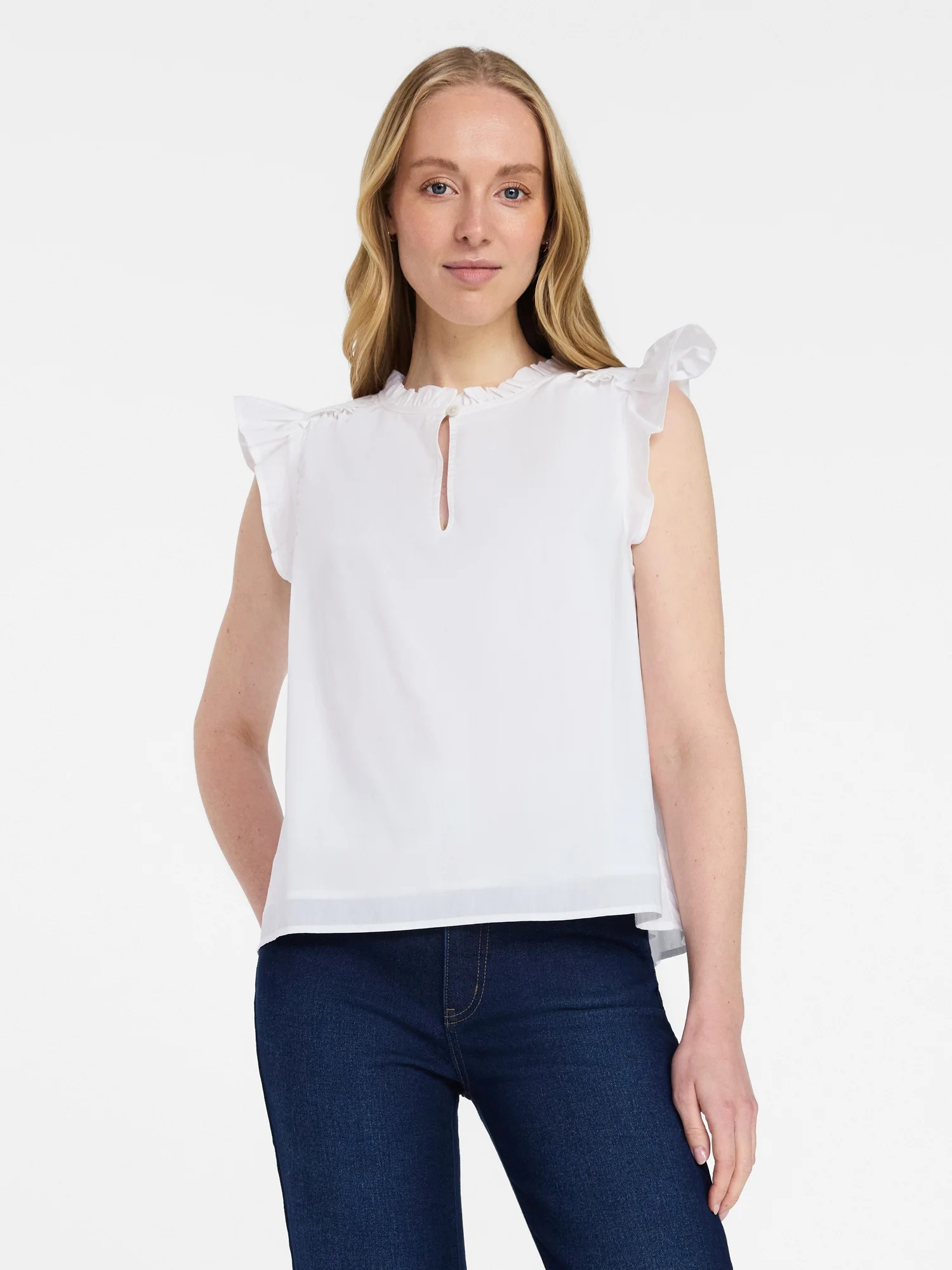 Time and Tru Women's Cotton Split Neck Top with Flutter Sleeves, Sizes XS-XXXL | Walmart (US)