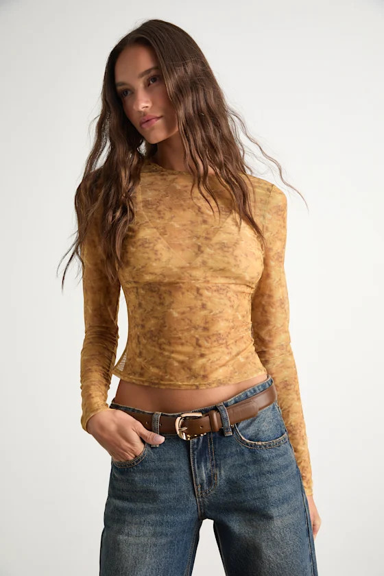 Yumi Yellow Abstract Sheer Mesh Long Sleeve Top | Lulus