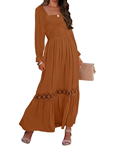 ZESICA Women's 2025 Boho Long Sleeve Square Neck Smocked High Waist Flowy A Line Lace Trim Maxi D... | Amazon (US)