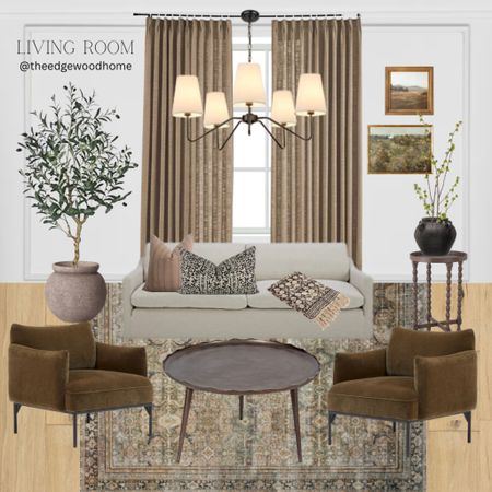 Living Room design board, living room ideas, accent chair, loloi rug, curtain, olive tree, side table, floral stems, coffee table. 

#LTKSale #LTKFind #LTKhome