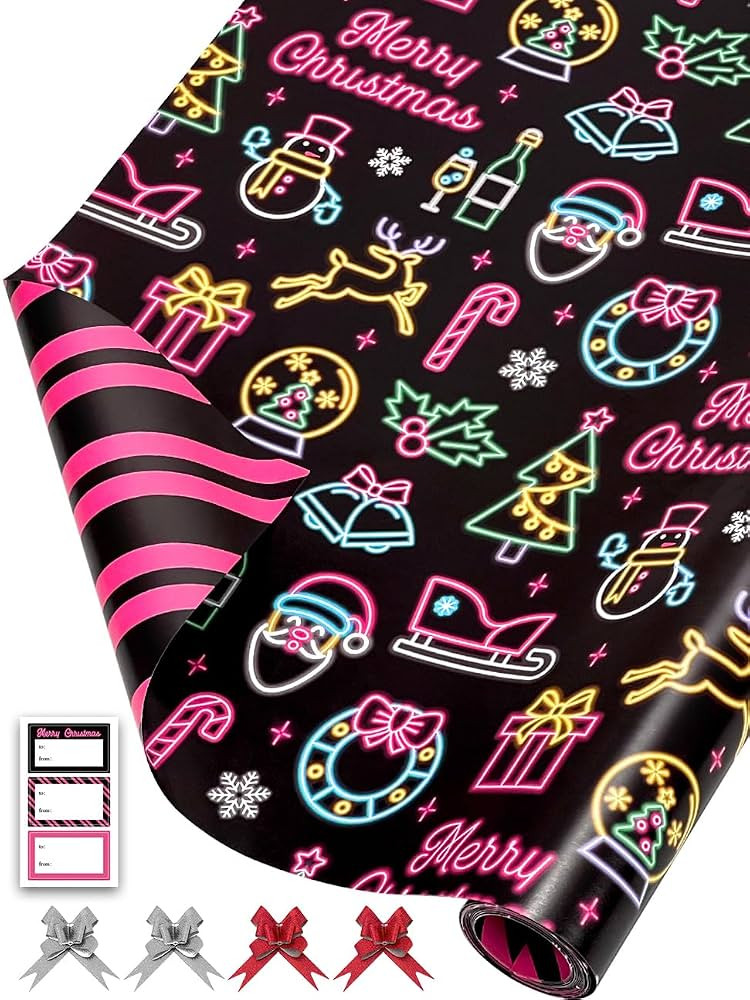 EWES Funny Christmas Wrapping Paper Kids Black Pink Set Rolls Cute Reversible Santa Claus Tree Th... | Amazon (US)