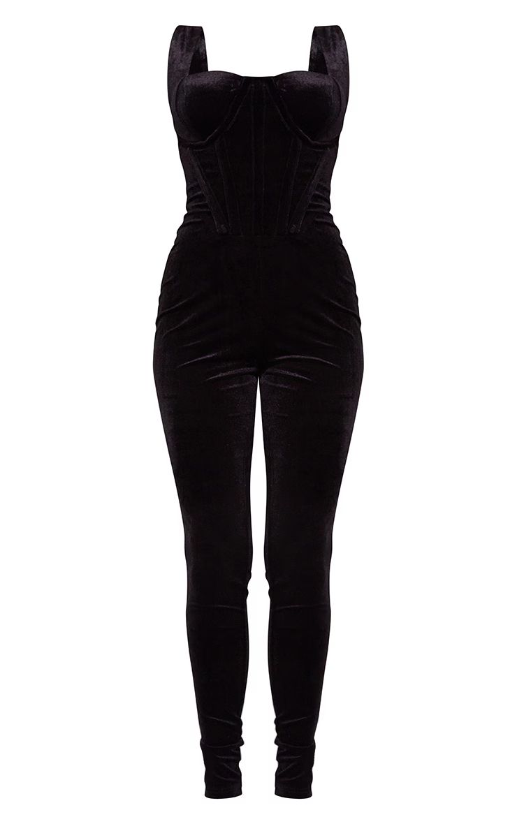 Black Cup Detail Corset Velvet Jumpsuit | PrettyLittleThing US