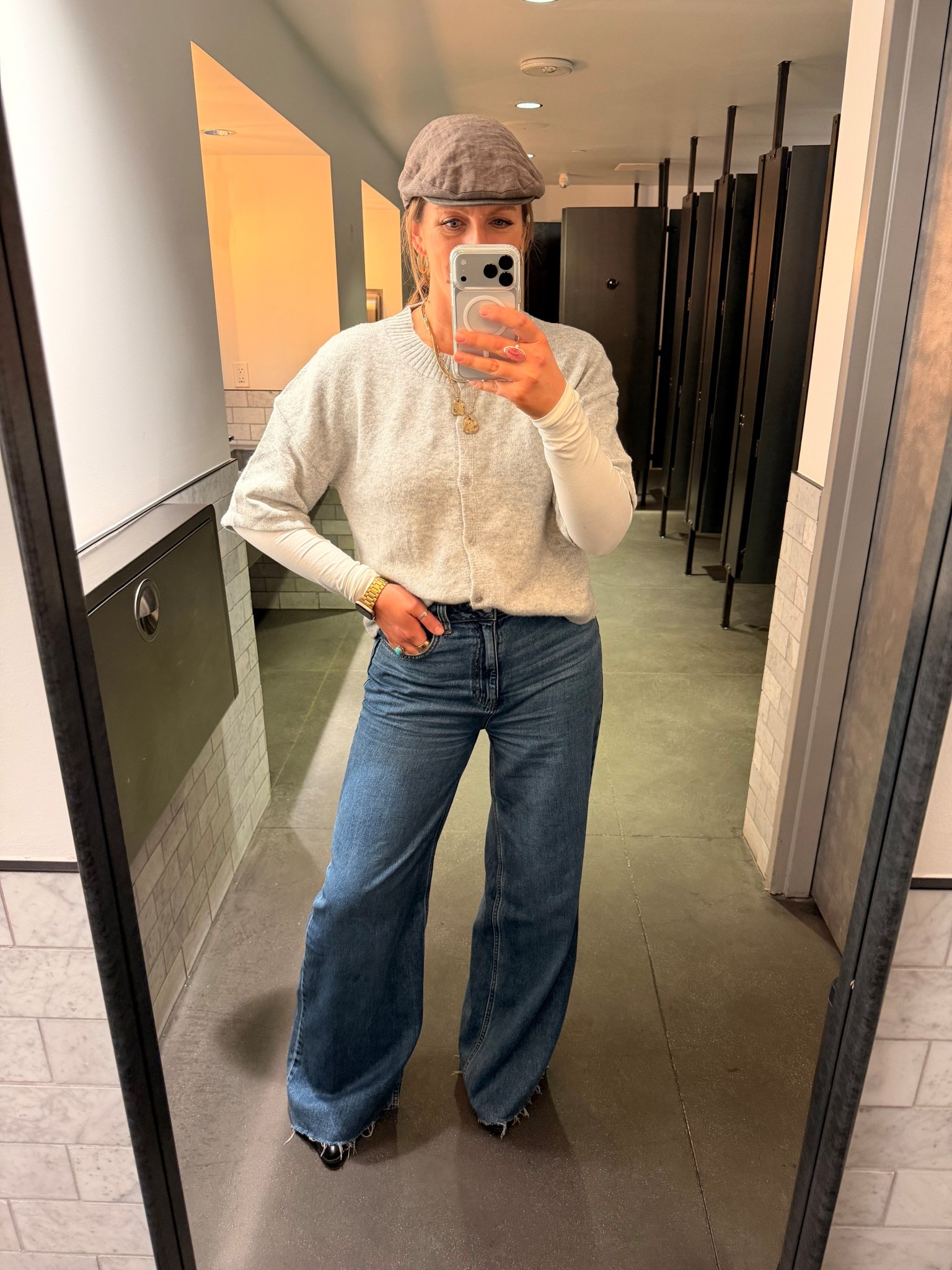 Girls night winter ootd 
Large sweater, large tall bodysuit, 32x36 jeans (I cut the hem off to make them distressed) 

#LTKootd #LTKOver40 #LTKTall