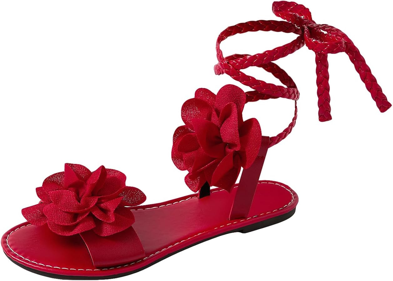 GORGLITTER Women's 3d Flower Lace Up Sandals Floral Braided Open Toe Strappy Tie Up Beach Slide S... | Amazon (US)