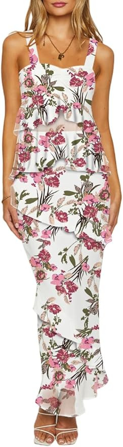 Lrady Women's Two Piece Skirt Sets Beach Formal Wedding Guest Sleeveless Peplum Ruffle Party Maxi... | Amazon (US)