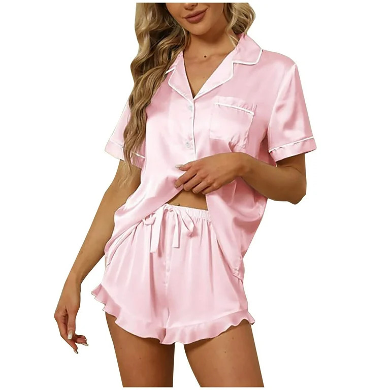 Summer Savings Clearance! yievot Women's Pajama Set Silk Satin Soft Short Sleeve Top With Shorts ... | Walmart (US)