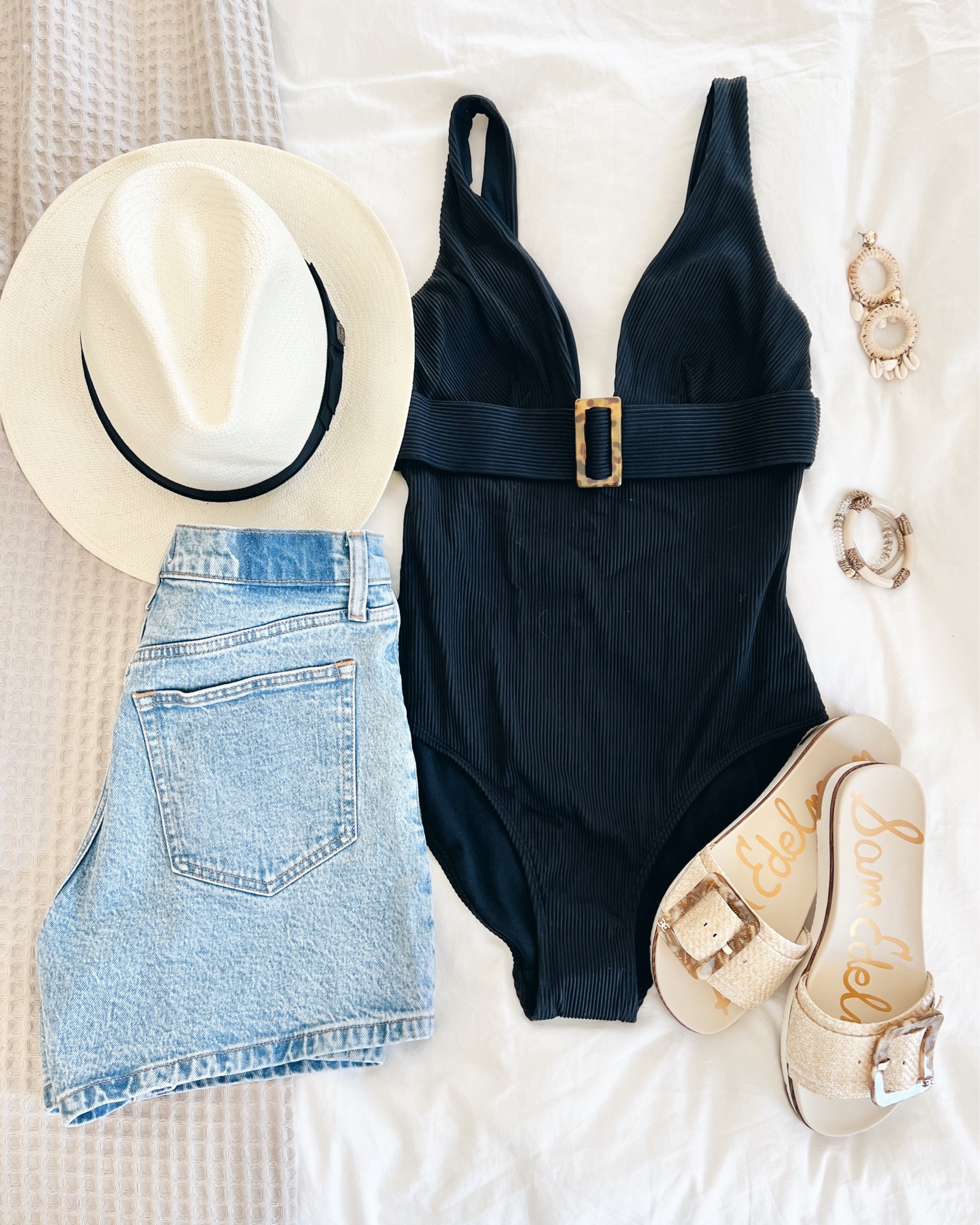 Long torso swimsuit!  These jeans shorts are on sale today. Swimsuit true to size. I sized up one in the shorts.  Sandals true to size.  

#LTKunder50 #LTKshoecrush #LTKswim