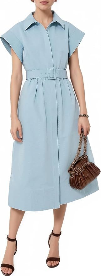 Womens 2025 Summer Short Sleeves Midi Dress Casual Button Down Long Dress with Belt | Amazon (US)