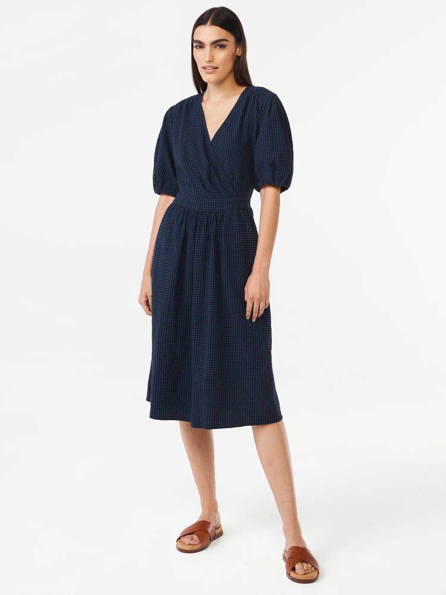 Free Assembly Women's V-Neck Faux Wrap Midi Dress | Walmart (US)