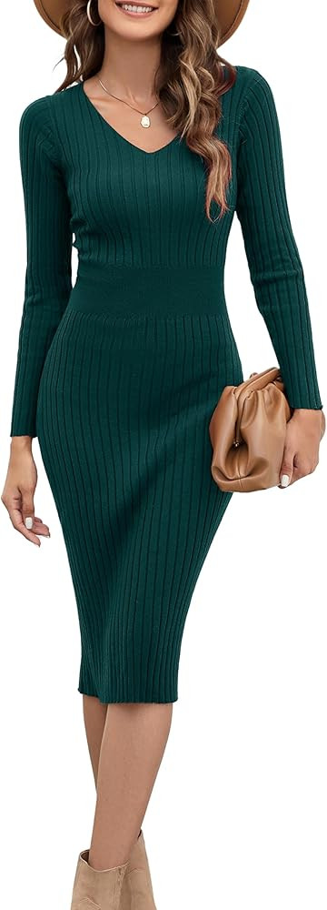 Blooming Jelly Womens Midi Sweater Dress Long Sleeve V Neck Bodycon Fall Dresses 2023 Casual Knee... | Amazon (US)