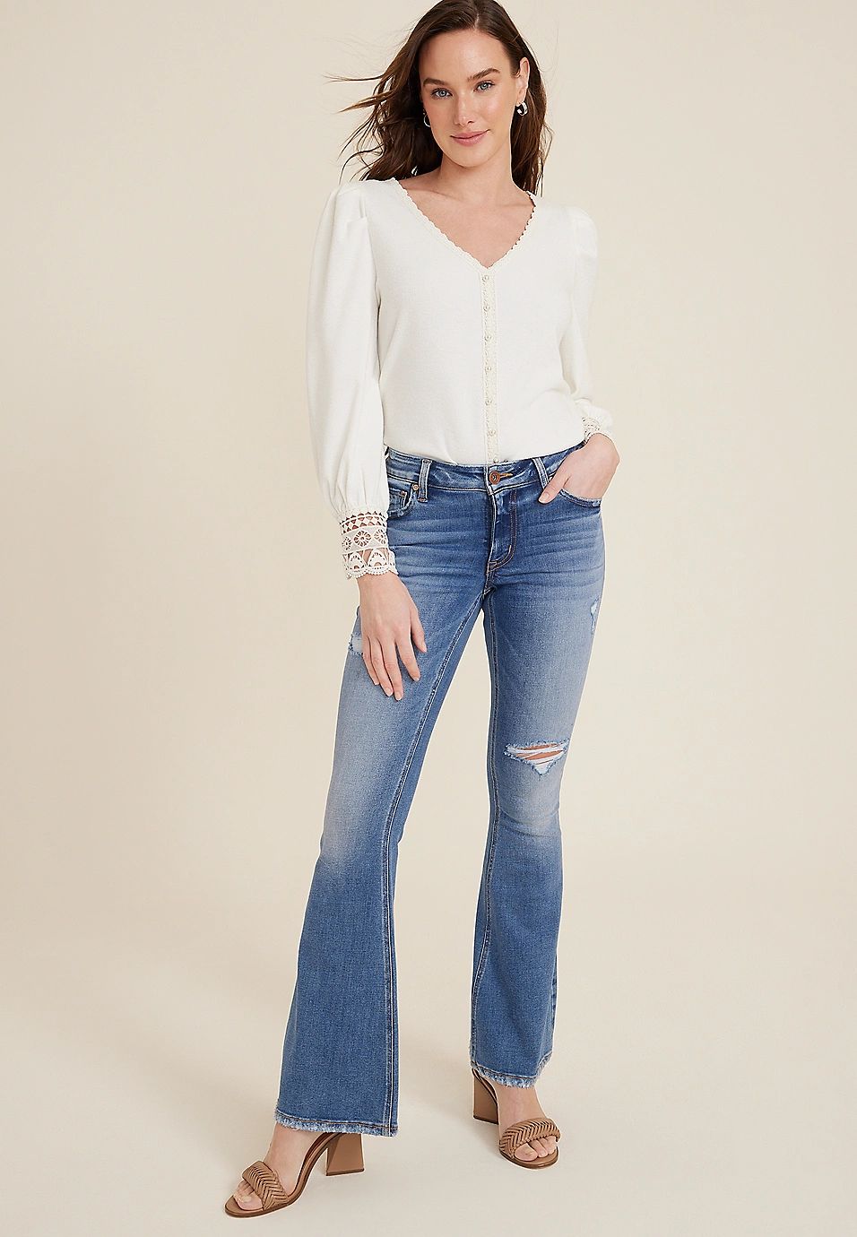 edgely™ Mid Rise Ripped Flare Jean | Maurices