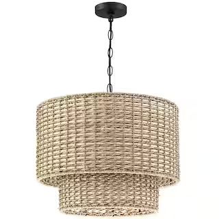 TRUE FINE Seymour 20 in. 4-Light Black Canopy Natural Rattan Tiered Drum Pendant Chandelier Light... | The Home Depot