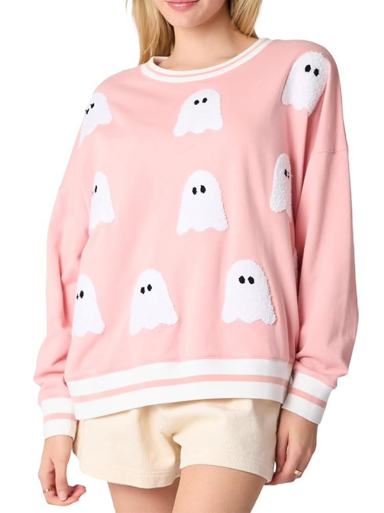 Argeousgor Women Halloween Sweatshirt Sequin Ghost Oversized Long Sleeve Sweater Pumpkin Pullover... | Amazon (US)