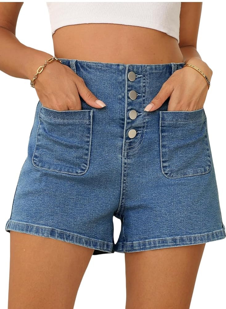 Sidefeel Women's Jean Shorts Button Fly Stretchy High Waisted Zimbaplatinum Jeans Summer Outfit 2... | Amazon (US)