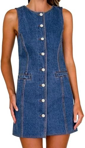 Women's Denim Dress Jean Sleeveless Button Down Shirt Mini Tank Casual Summer Dresses with Pocket... | Amazon (US)