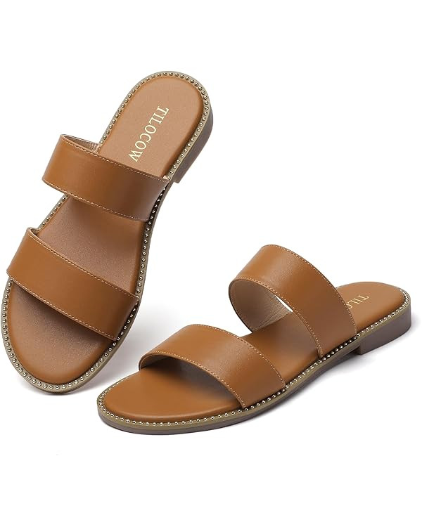 Tilocow Women's Flat Sandals with Rivets Inlaid Slip on Sandals Two Strap Casual Summer Slide Sho... | Amazon (US)