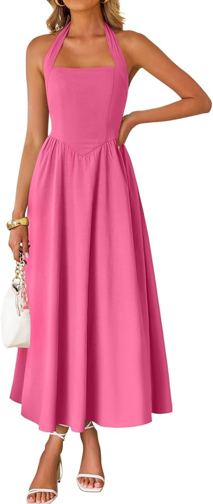 ZESICA Women's Summer Sleeveless Halter Midi Dress 2026 Off Shoulder High Waist Flowy Beach Weddi... | Amazon (US)