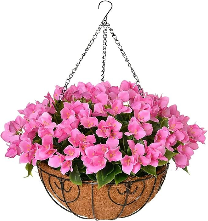 Artificial Fake Hanging Plants Flowers with Basket Outdoors Spring Decoration, Faux Silk Pink Bou... | Amazon (US)