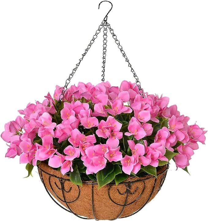 Artificial Fake Hanging Plants Flowers with Basket Outdoors Spring Decoration, Faux Silk Pink Bou... | Amazon (US)
